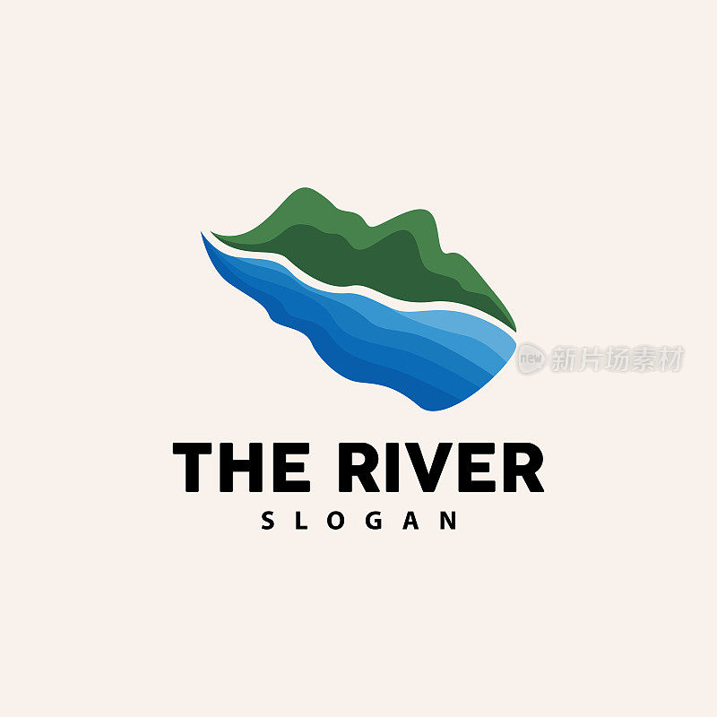 河标志设计，河溪矢量，河边插图与山和自然的结合，产品品牌