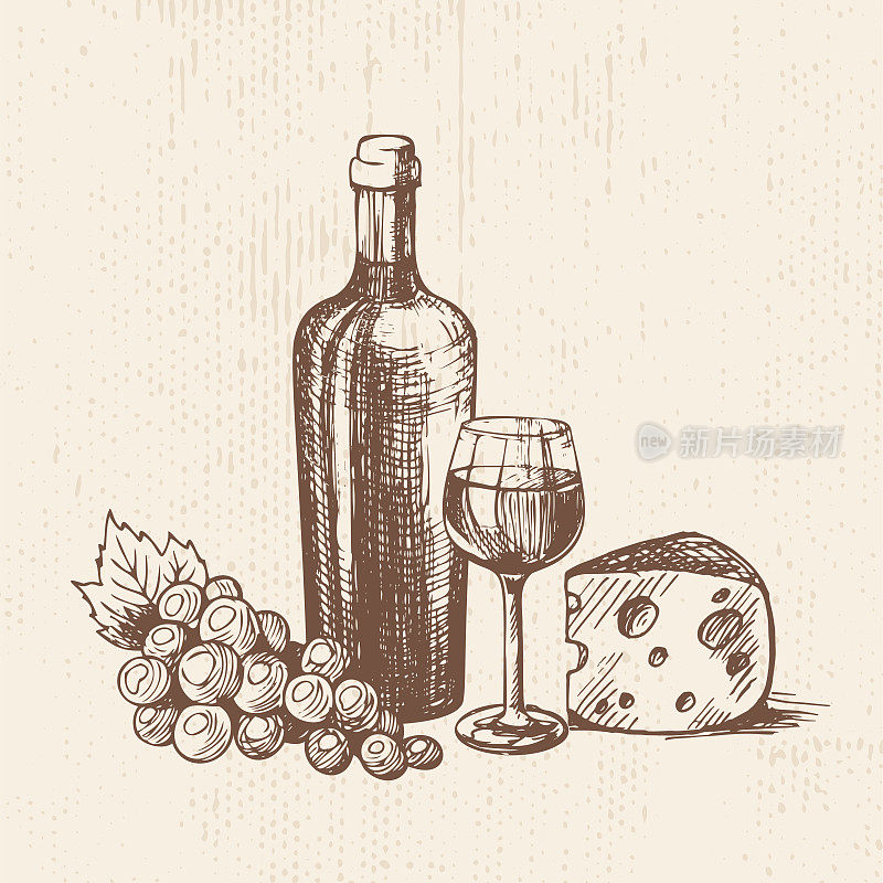 用玻璃杯画一瓶酒，一串葡萄和一块奶酪。矢量素描，有机食品插图