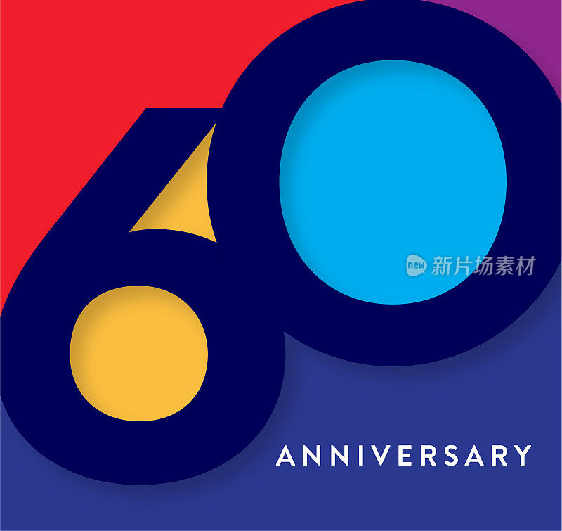 60周年纪念广场标签几何字体设计，色彩鲜艳