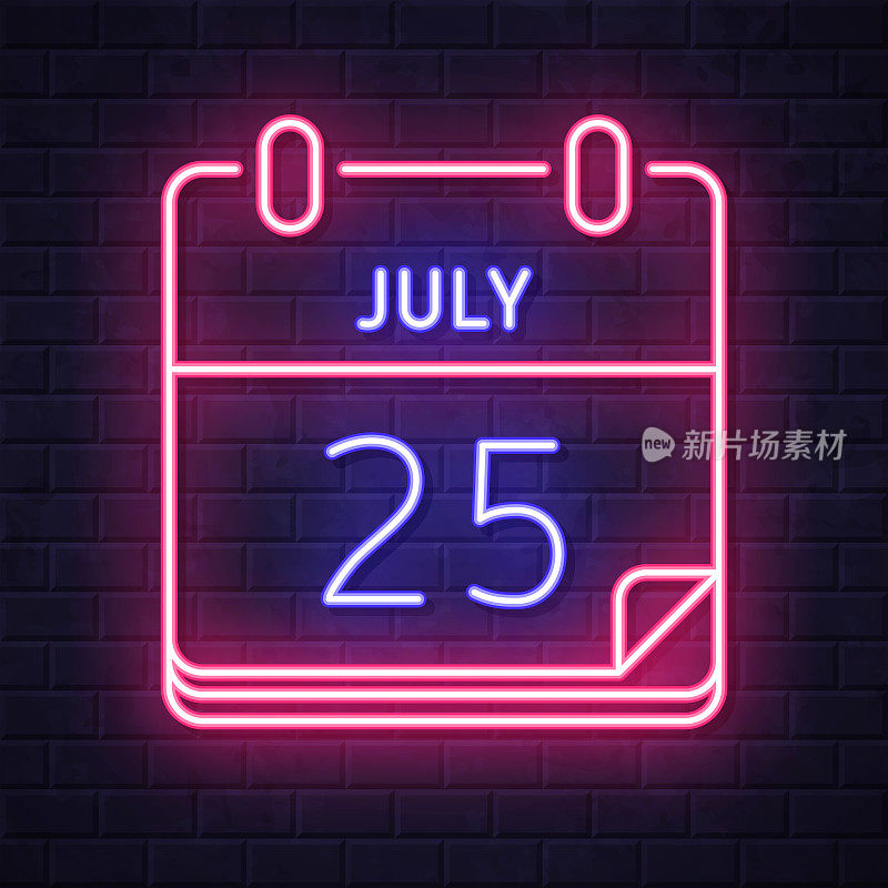 7月25日。在砖墙背景上发光的霓虹灯图标