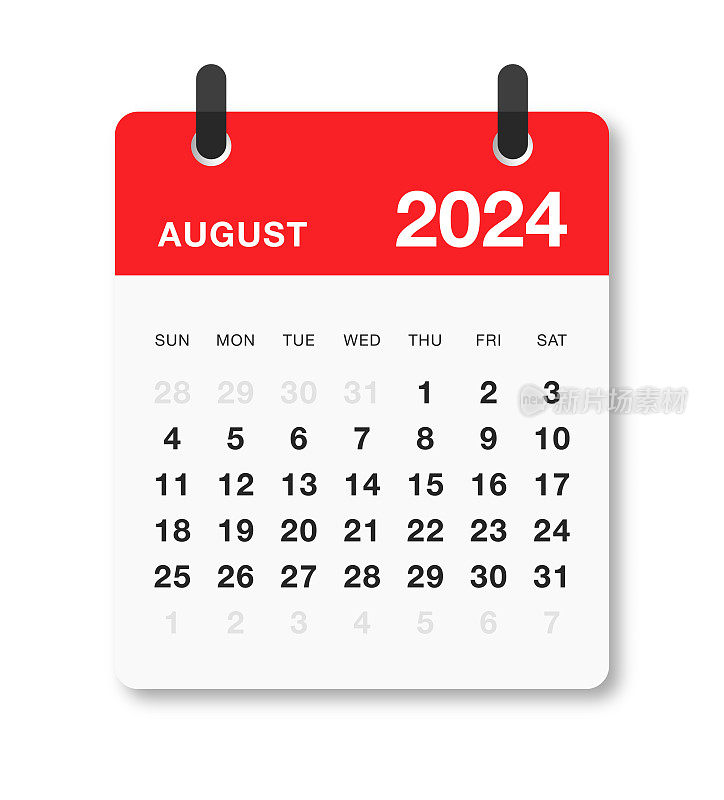 每月2024年8月日历星期日开始