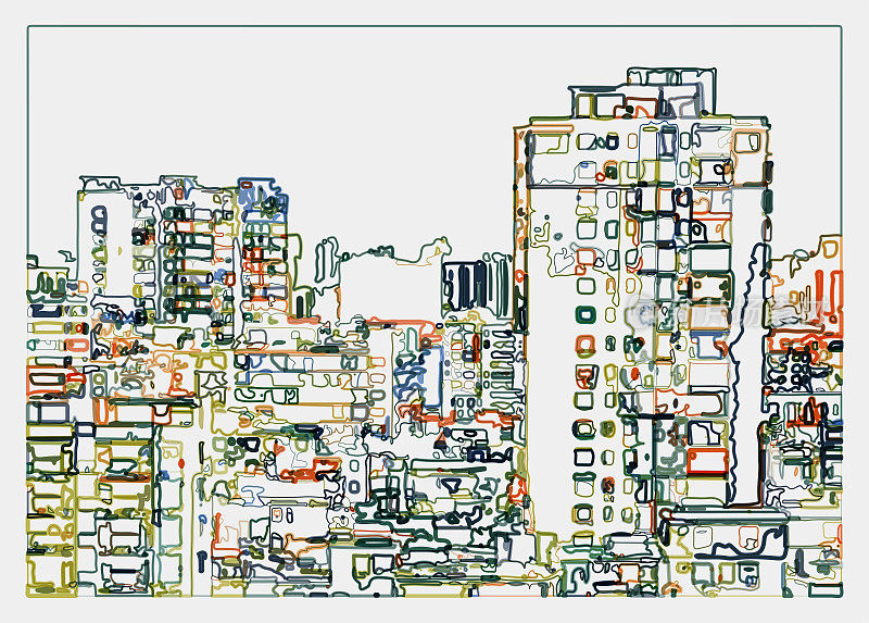 抽象液体线条艺术插画背景，城市住宅建筑