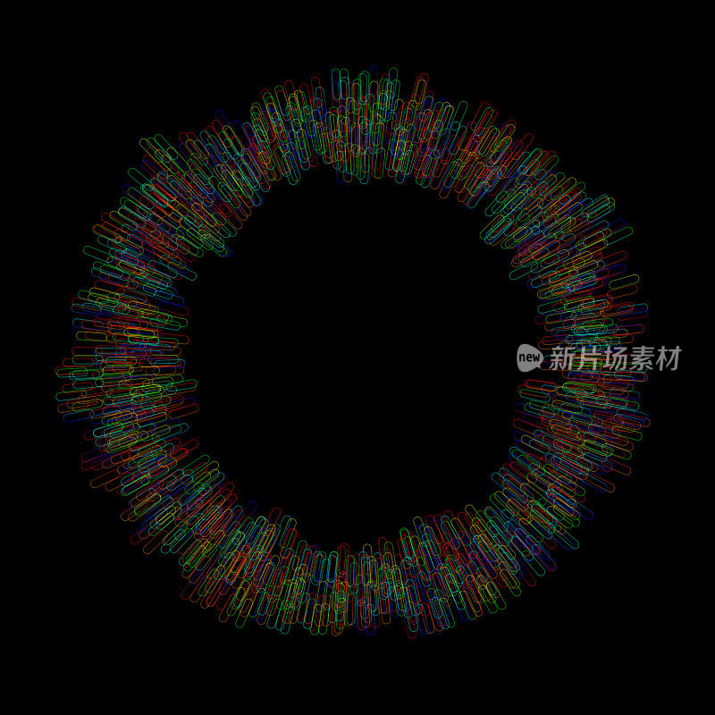 圆形阵列的彩色抽象回形针像椭圆形在黑色背景上创建一个环。