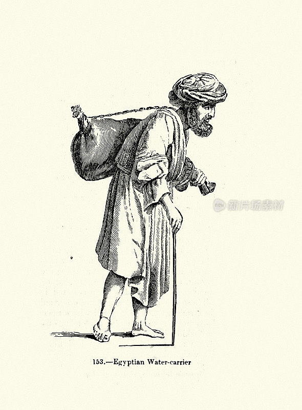 19世纪50年代，19世纪维多利亚时代，埃及卖水的人用兽皮装水
