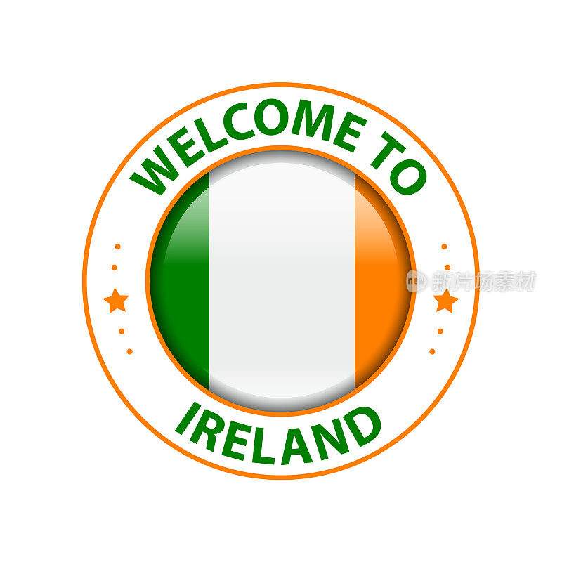向量的邮票。欢迎来到爱尔兰。光滑的图标与国旗。封模板