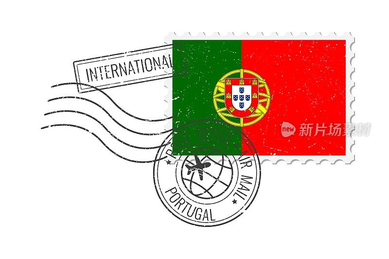 葡萄牙垃圾邮票。复古明信片矢量插图与葡萄牙国旗孤立的白色背景。复古的风格。