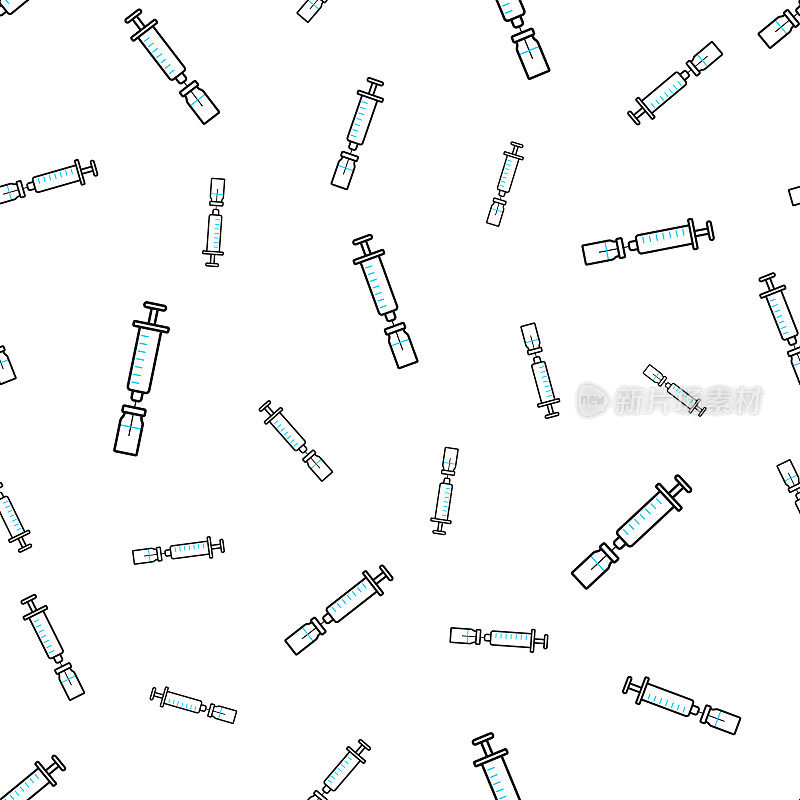 注射器和药瓶。无缝模式。白色背景上的线条图标