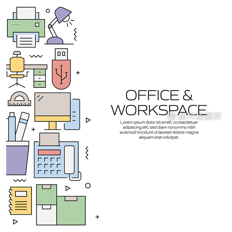 办公室和工作空间相关的线条风格横幅设计的网页，标题，小册子，年度报告和书籍封面