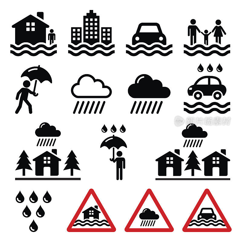 洪水、自然灾害、暴雨图标集