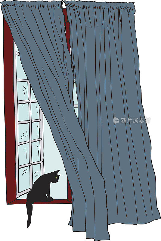 打开窗户，窗台上有黑猫