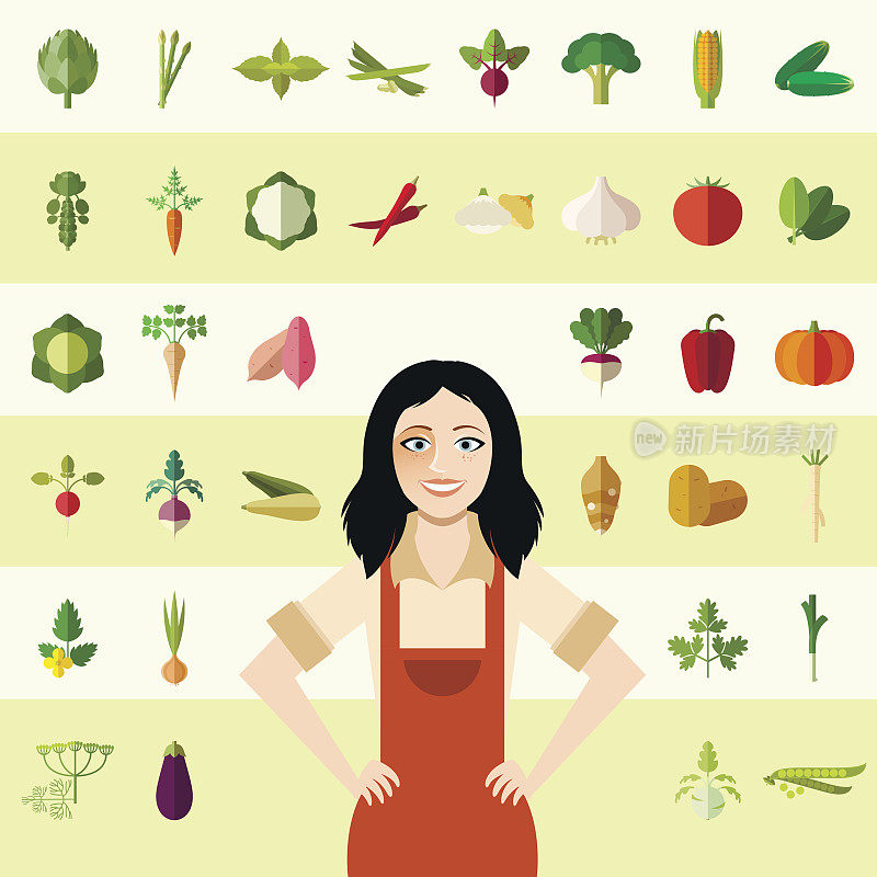 一组蔬菜图标和一个女园丁