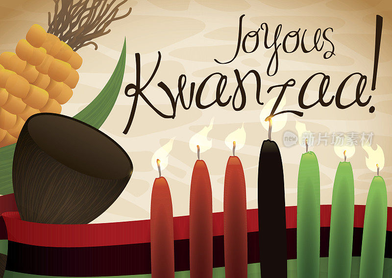 传统的点燃蜡烛，杯子，玉米和旗帜庆祝宽扎节