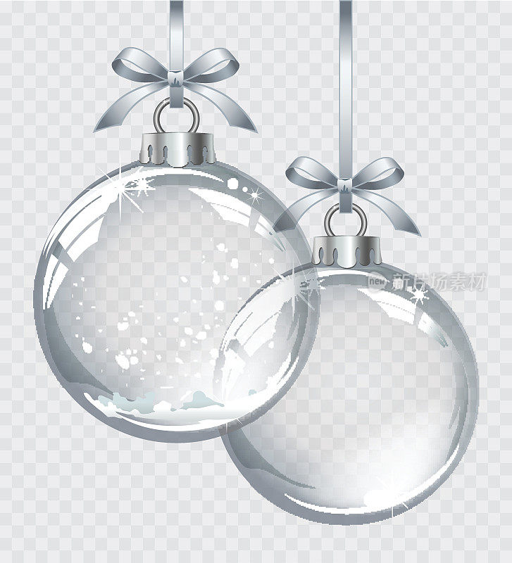向量现实透明银色圣诞球与雪