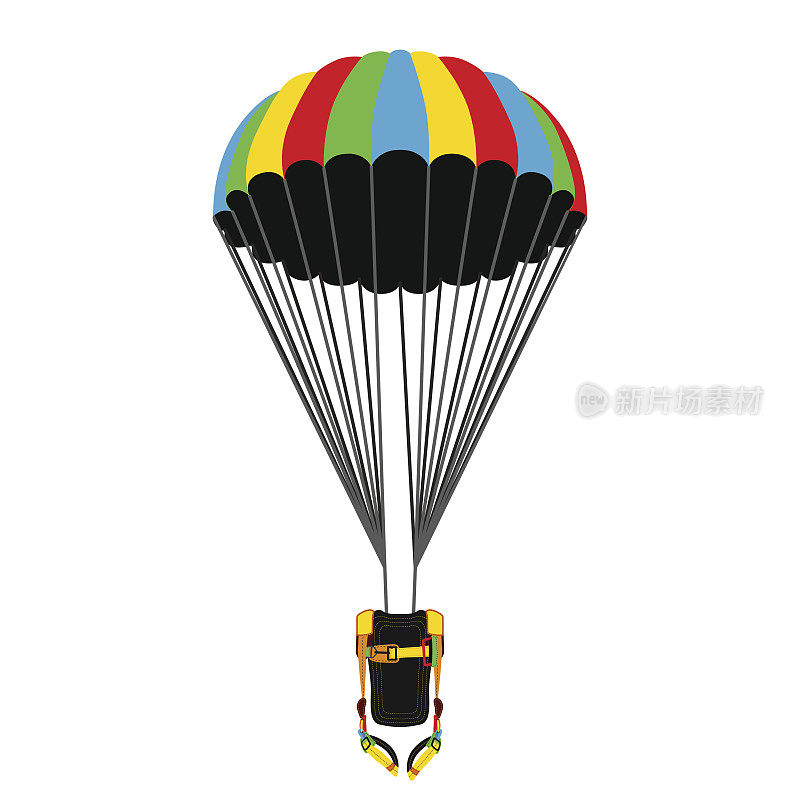 打开降落伞的降落伞包。跳伞亮闪闪的极限运动装备