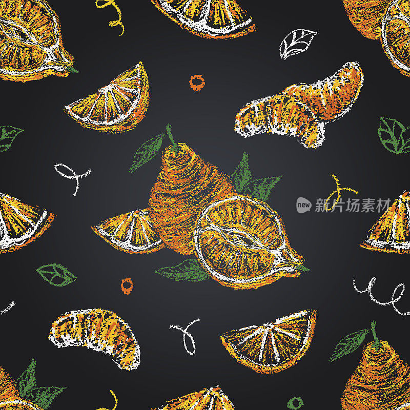 明尼奥拉无缝黑板图案。手绘柑橘类水果背景