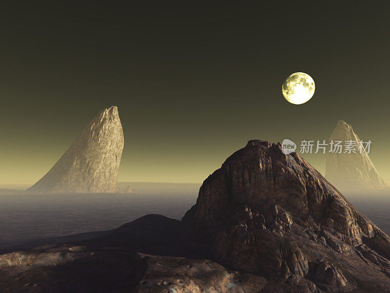 一个月亮和三块石头的3d科幻插画景观