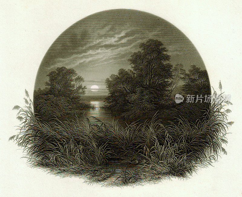 夜景湖边，钢版画，1867年出版