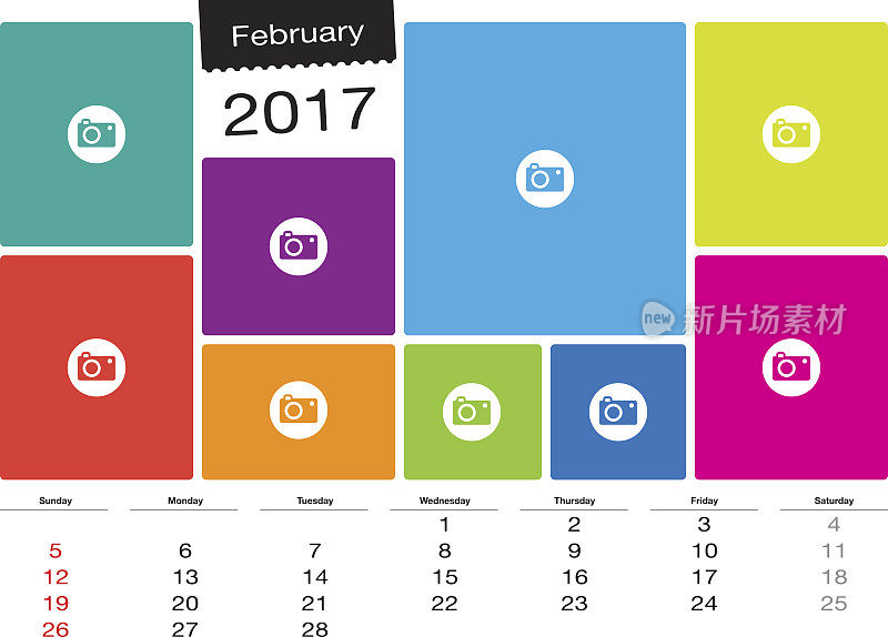 矢量日历，2017年2月与图像框架，A3大小