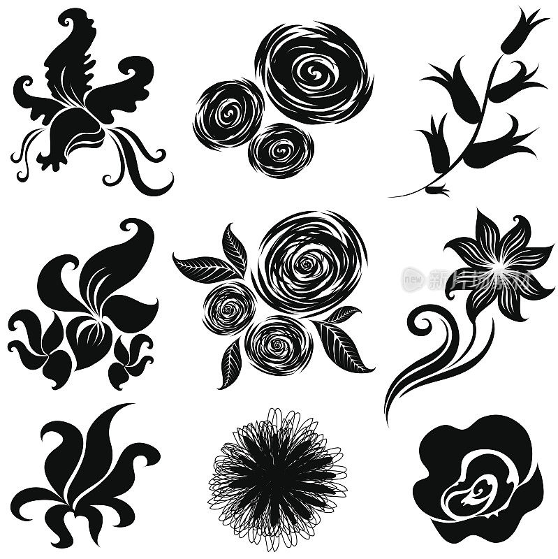 一套黑色花朵的设计元素