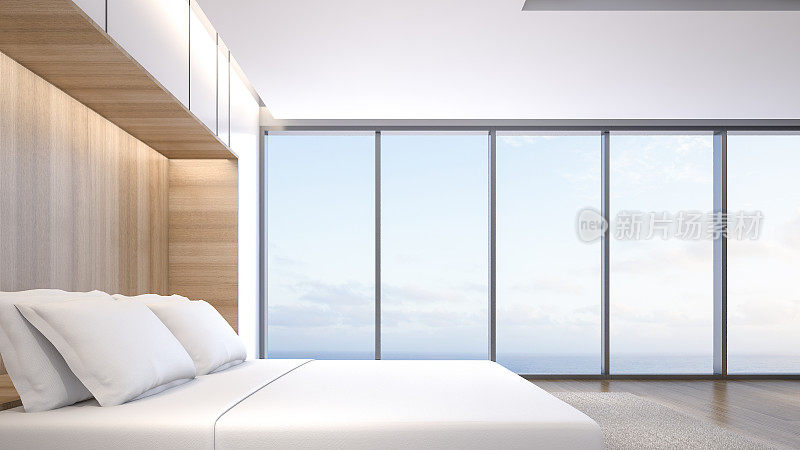 豪华卧室，海景，3d渲染