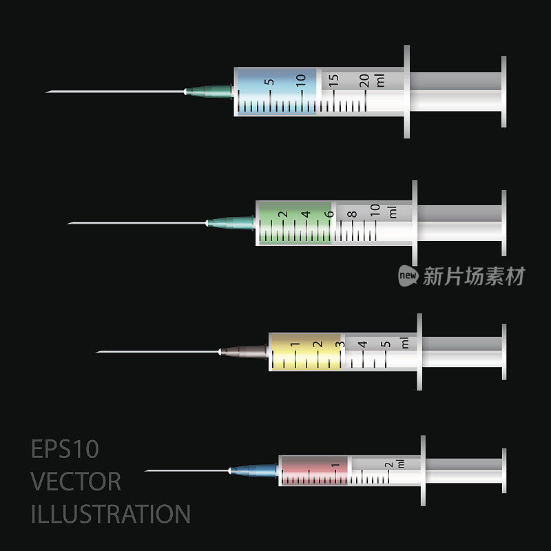 医疗注射器。一套不同尺寸的一次性塑料注射器，用于皮下和肌肉注射。向量。