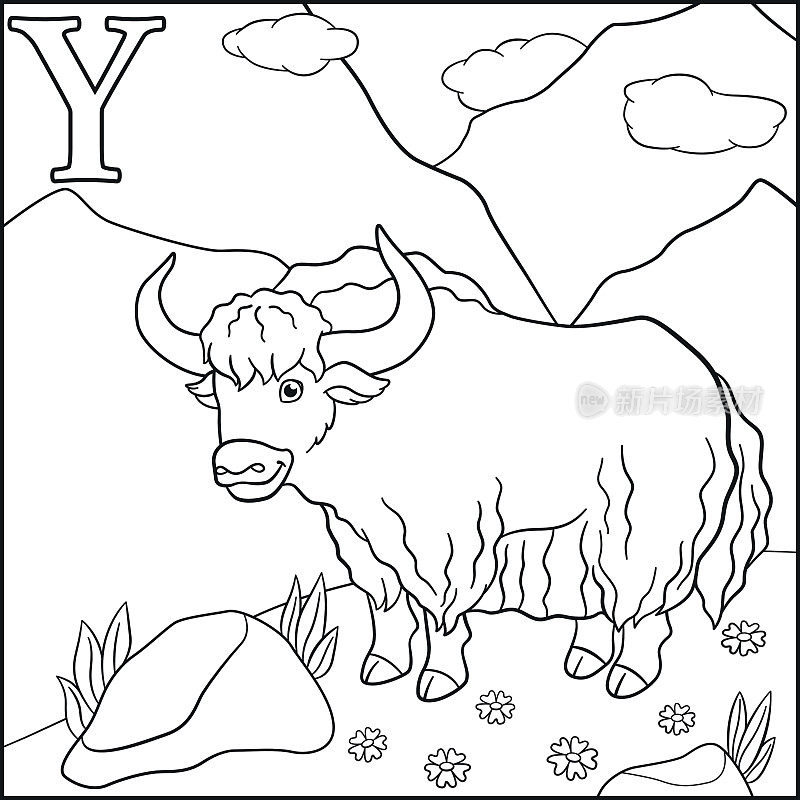 着色页面。卡通动物字母表。Y是牦牛。
