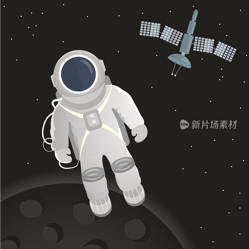 宇航员在太空中近距离观察行星和宇宙飞船的背景