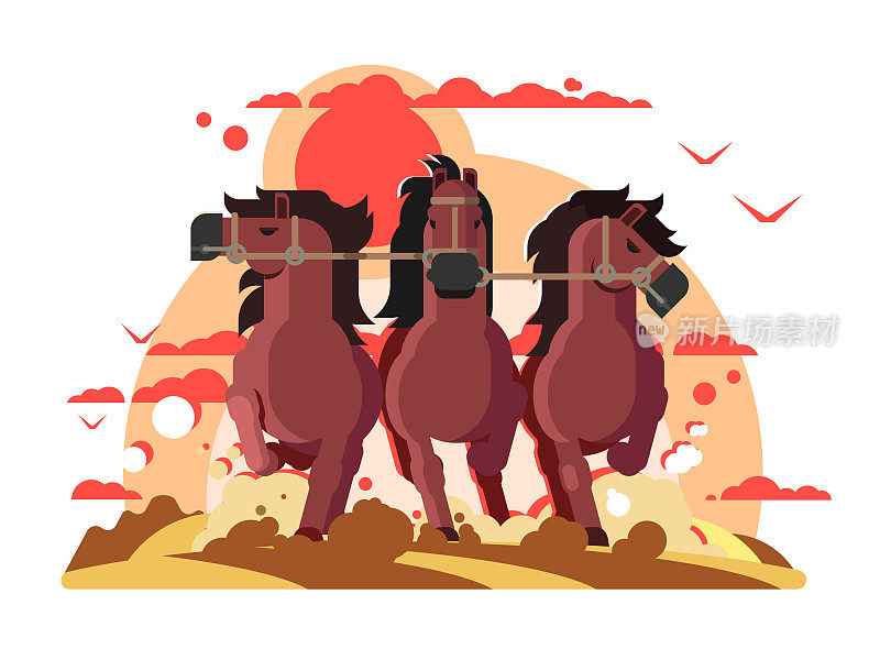 三匹马套着挽具奔跑