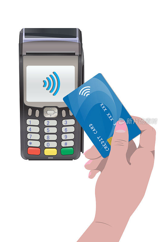 有手和信用卡的POS终端。非接触式支付