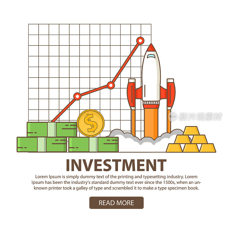 投资业务概念统计黄金和证券。金融股票市场盈利。启动一个火箭和增长的指标上的图形。
