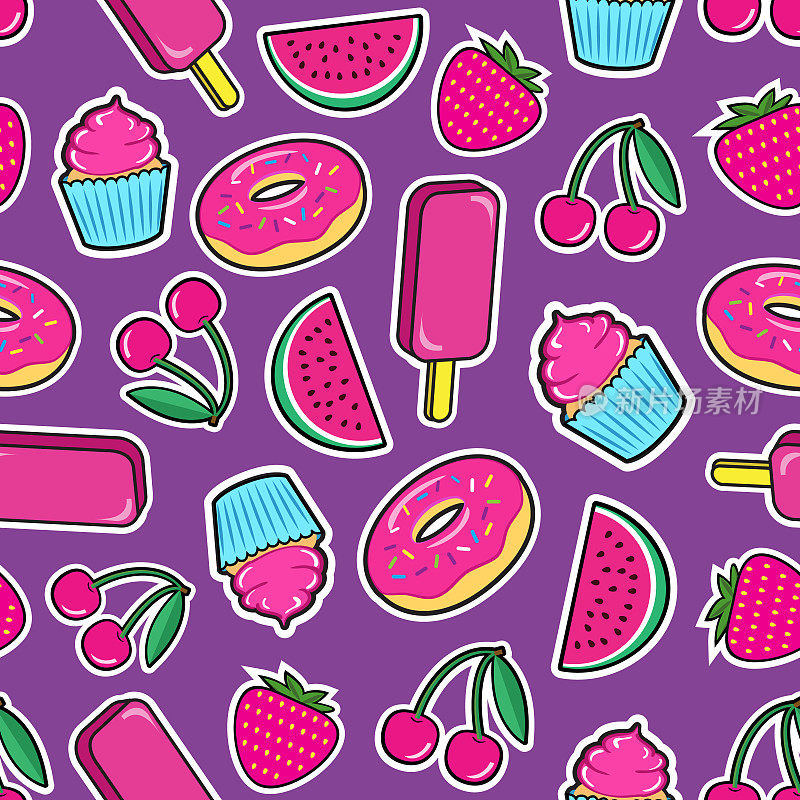 可爱的无缝图案与彩色补丁。冰淇淋、樱桃、草莓、西瓜、甜甜圈、纸杯蛋糕等，以紫罗兰色为背景。