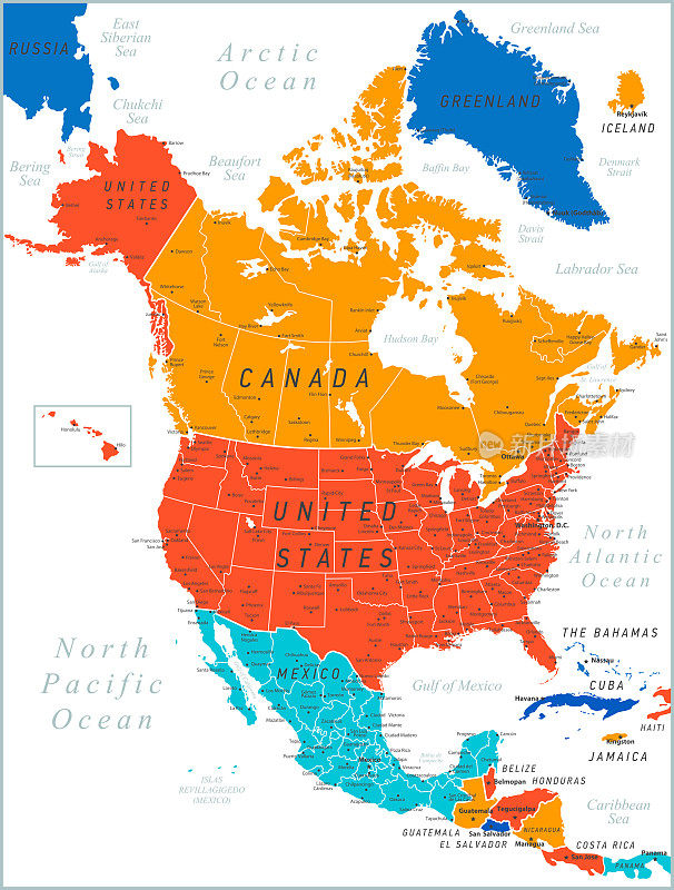 北美彩色地图。矢量插图与美国，加拿大，墨西哥和古巴