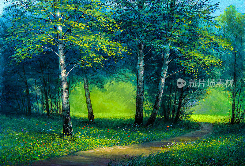 油画风景。早晨的风景与树木。