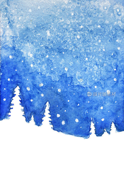 白雪皑皑的常青树和蓝色的天空用水彩画