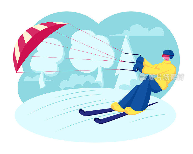 快乐的运动员或运动员在明亮的衣服滑雪与风筝在冰雪覆盖的冰面在冬季晴天。滑雪风筝或滑雪极限运动娱乐卡通平面矢量插图