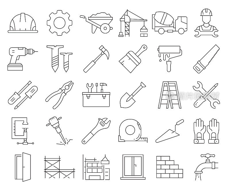 简单的一组建设相关的矢量线图标。大纲符号集合。可编辑的中风