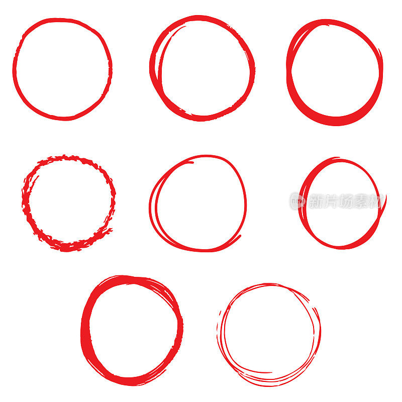 手绘线草图红色圆圈设置在白色背景矢量设计。