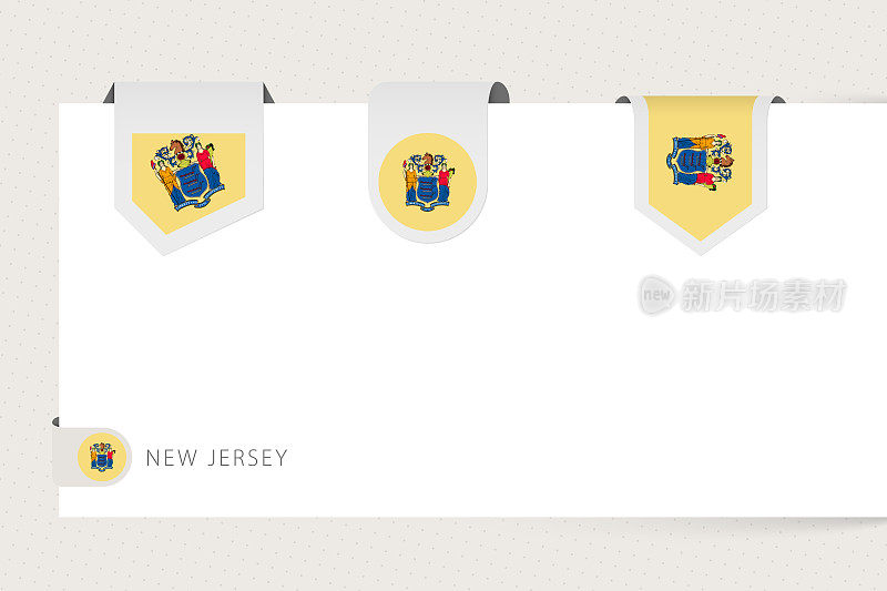 美国新泽西州的不同形状的标签旗集合。新泽西州的丝带旗模板