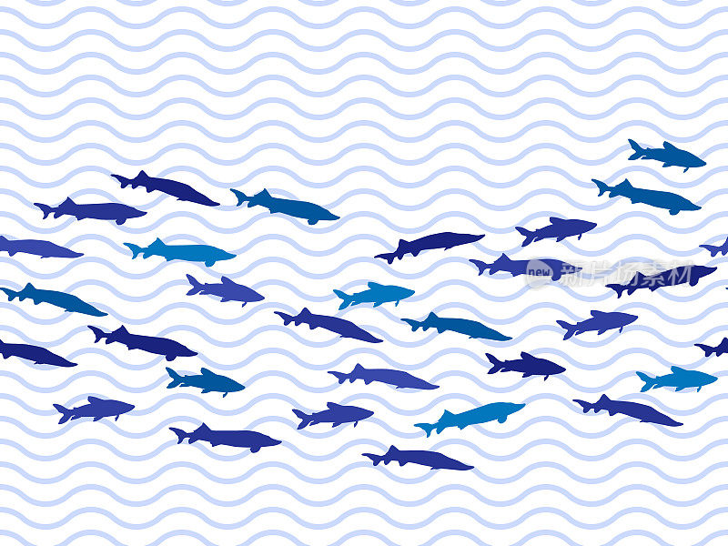 蓝色鱼群游泳无缝图形矢量打印。