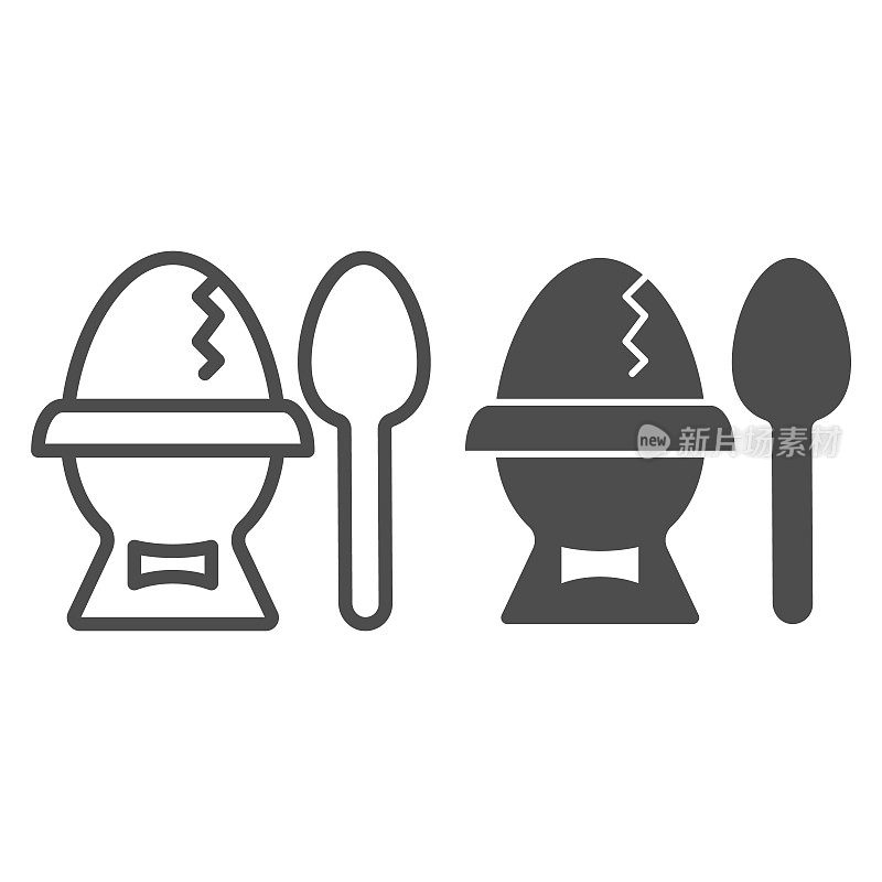 鸡蛋放在架子上，用茶匙摆好，用固体图标。煮鸡蛋在蛋杯与勺子轮廓风格象形文字在白色的背景。鸡蛋早餐的移动概念和网页设计。矢量图形。