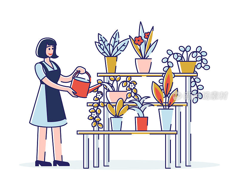 花卉商店的概念。女性角色在花店照顾美丽的花朵。穿围裙的女人用喷壶浇漂亮的花。卡通线性轮廓平面矢量插图