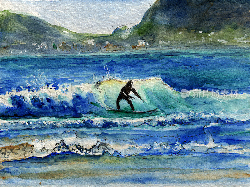 冲浪者在海浪中画水彩画
