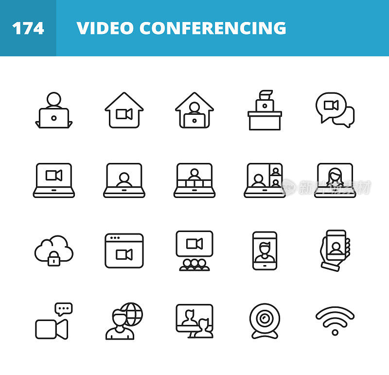视频会议线路图标。可编辑的中风。像素完美。移动和网络。包含摄像头，视频聊天，在线消息，视频会议，网络研讨会，远程工作，团队合作，远程学习，自由职业者，在家工作。