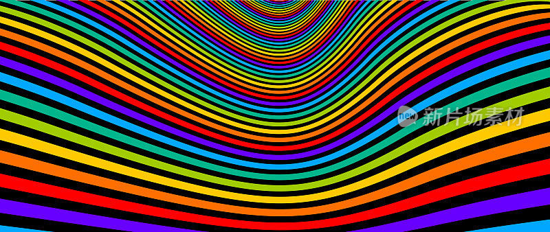 迷幻的彩虹色光学错觉线条向量疯狂的艺术背景，迷幻幻觉谵妄，超现实的op艺术线性曲线在超3D透视，催眠的设计。