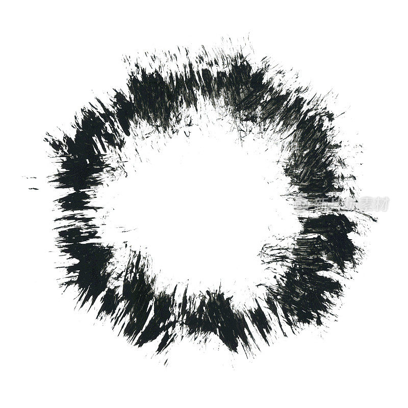 用黑色颜料和硬笔刷手绘的圆形物体――一个内部空有文字空间的圆圈――抽象的矢量图――带有不规则轮廓的涂鸦设计――许多凌乱的线条汇聚到中心的形状