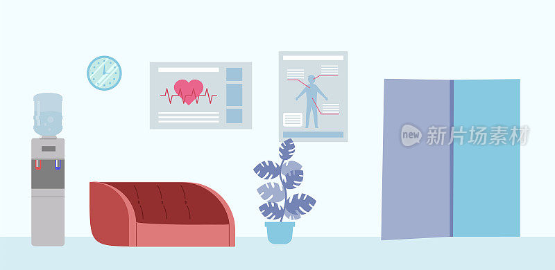 简单的医院室内设计在浅色。矢量插图在卡通平面风格与水冷却器，红色沙发，盆栽，时钟，保健公告牌和门。现代临床室内艺术