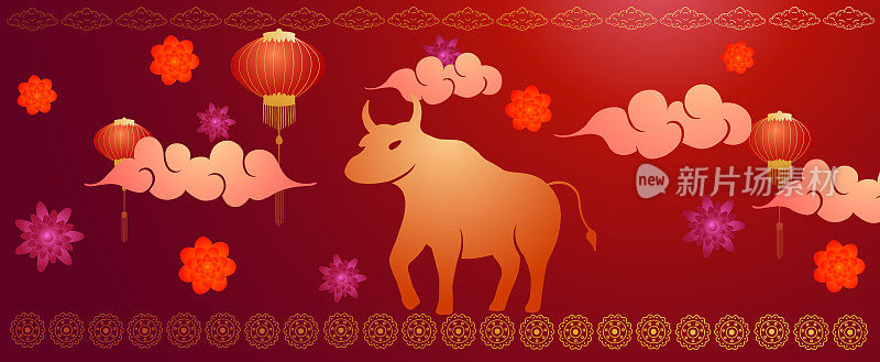 矢量抽象插画的中国新年春节。以红色为背景，以红色为图案，在花、云、灯笼中以公牛为象征。