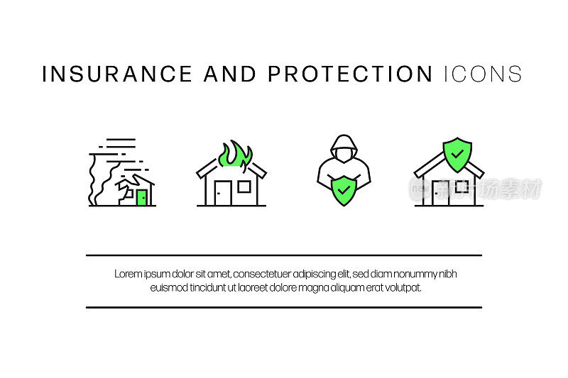 保险和保护相关的平线图标，轮廓矢量符号插图。