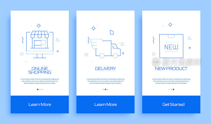 带有平面图标的移动应用页面屏幕上的购物和零售概念。用户体验，用户界面设计模板矢量插图