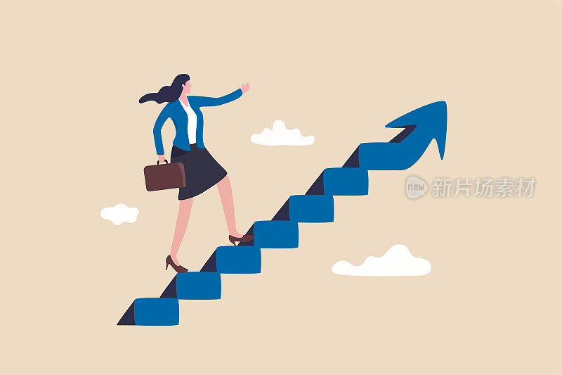 事业成功的女性或女性领导，目标的实现和商业挑战或性别平等的概念，自信的女商人走一小步楼梯与箭头向上。